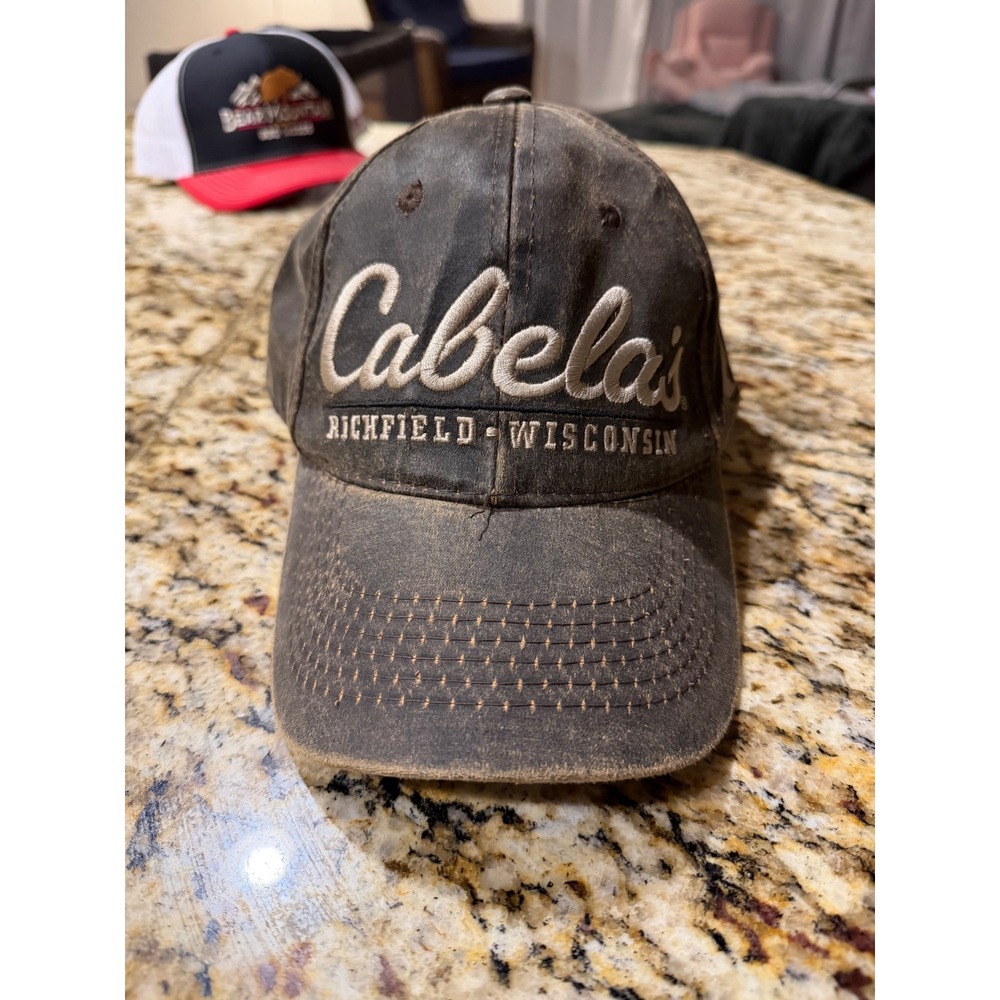 Cabelas Richfield Wisconsin Hat Brown Distressed Waxed Canvas Baseball Cap